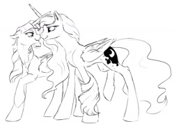 Size: 1280x915 | Tagged: safe, artist:silfoe, imported from derpibooru, princess luna, twilight sparkle, alicorn, pony, other royal book, bedroom eyes, black and white, boop, dialogue, eye contact, female, grayscale, horns are touching, lesbian, mare, missing accessory, monochrome, noseboop, older, raised hoof, raised leg, shipping, simple background, smiling, speech bubble, twilight sparkle (alicorn), twiluna, white background