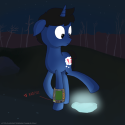 Size: 500x500 | Tagged: safe, artist:triplesevens, imported from derpibooru, oc, oc only, oc:lucid dream, pony, unicorn, fallout equestria, confused, implied pissing, lifted leg, male, pipbuck, radioactive, urine