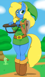 Size: 747x1280 | Tagged: safe, artist:angelthecatgirl, imported from derpibooru, oc, oc only, oc:pixie, anthro, unguligrade anthro, anthro oc, big breasts, blushing, breasts, chuchu, female, green chuchu, link, outdoors, shield, sword, the legend of zelda, weapon