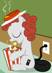 Size: 2549x3584 | Tagged: safe, artist:badumsquish, derpibooru exclusive, imported from derpibooru, oc, oc only, object pony, original species, popcorn popper pony, badumsquish strikes again, butter, curly hair, eyes closed, female, food, hat, open mouth, ponified, popcorn, popcorn popper, red hair, sitting, smiling, solo, steam, us plug, wall socket, wat