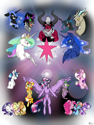 Size: 1350x1800 | Tagged: safe, artist:flutter-butter55678, imported from derpibooru, applejack, discord, fluttershy, king sombra, lord tirek, nightmare moon, pinkie pie, princess cadance, princess celestia, princess luna, queen chrysalis, rainbow dash, rarity, shining armor, spike, starlight glimmer, sunset shimmer, twilight sparkle, alicorn, pony, mane six, twilight sparkle (alicorn)