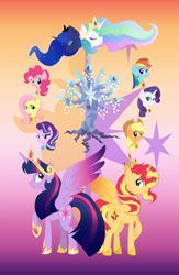 Size: 4424x6771 | Tagged: safe, artist:princess-madeleine, imported from derpibooru, applejack, fluttershy, pinkie pie, princess celestia, princess luna, rainbow dash, rarity, starlight glimmer, sunset shimmer, tree of harmony, twilight sparkle, alicorn, pony, absurd resolution, alicornified, alternate mane seven, elements of harmony, jewelry, mane eight, mane six, older, race swap, regalia, shimmercorn, tapestry, twilight sparkle (alicorn)