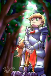 Size: 730x1095 | Tagged: safe, artist:m_d_quill, imported from derpibooru, applejack, human, armor, female, humanized, solo, war hammer, weapon