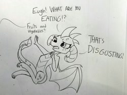 Size: 1280x955 | Tagged: safe, artist:tjpones, imported from derpibooru, princess ember, dragon, black and white, cute, dialogue, disgusted, emberbetes, female, grayscale, implied spike, lineart, monochrome, offscreen character, open mouth, question mark, simple background, solo, tongue out, traditional art, white background