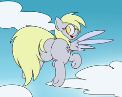 Size: 1324x1053 | Tagged: safe, artist:mr. rottson, imported from derpibooru, derpy hooves, pegasus, pony, bubble butt, cloud, dock, female, flying, looking back, mare, open mouth, plot, solo, the ass was fat, underhoof