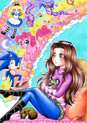 Size: 752x1066 | Tagged: safe, artist:dayserosi, imported from derpibooru, big cat, cat, human, jaguar (animal), alice, alice in wonderland, cheshire cat, crossover, flower, moon, nights, nights into dreams, plushie, rainbow, saturn, self insert, sonic the hedgehog, sonic the hedgehog (series), stars, traditional art