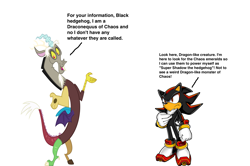 Size: 1489x991 | Tagged: safe, artist:darthraner83, imported from derpibooru, discord, crossover, dialogue, shadow the hedgehog, sonic the hedgehog (series), text