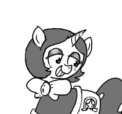 Size: 640x600 | Tagged: safe, artist:ficficponyfic, imported from derpibooru, oc, oc only, oc:joyride, pony, unicorn, colt quest, bags under eyes, bowtie, cutie mark, ear piercing, eyeshadow, female, grin, happy, horn, makeup, mantle, mare, monochrome, piercing, smiling, solo focus, story included