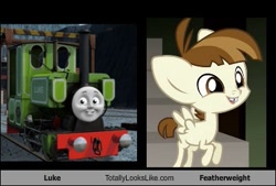 Size: 401x271 | Tagged: safe, imported from derpibooru, featherweight, cheezburger, luke, meme, thomas the tank engine, totally looks like, train