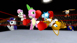 Size: 1366x768 | Tagged: safe, artist:migueruchan, imported from derpibooru, rarity, spike, sweetie belle, dragon, pony, 3d, beaten up, boxing, boxing gloves, boxing ring, cream the rabbit, crossover, female, fight, gmod, male, mare, miles "tails" prower, sonic the hedgehog, sonic the hedgehog (series)