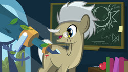 Size: 1024x576 | Tagged: safe, artist:noah-x3, imported from derpibooru, oc, oc only, earth pony, pony, apple, bush, chalkboard, elderly, food, leaves, monocle, moustache, old, show accurate, solo, telescope, vector, wallpaper