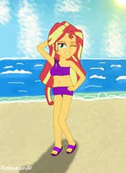 Size: 2550x3500 | Tagged: safe, artist:robukun, imported from derpibooru, sunset shimmer, equestria girls, anatomically incorrect, armpits, bad anatomy, beach, belly button, clothes, swimsuit