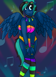 Size: 2400x3300 | Tagged: safe, artist:deltafairy, imported from derpibooru, oc, oc only, oc:saphira moonkiss, anthro, pegasus, anthro oc, dance floor, female, mare, nightclub, rave