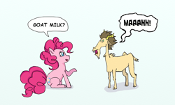 Size: 1284x774 | Tagged: safe, artist:eulicious, imported from derpibooru, pinkie pie, goat, bad joke, bad pun, comic, got milk, milk, pun, simple background, sitting