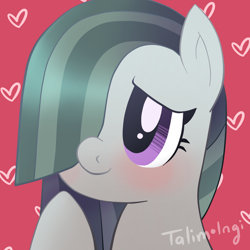 Size: 1000x1000 | Tagged: safe, artist:talimingi, imported from derpibooru, marble pie, earth pony, pony, blushing, bust, cute, female, heart, marblebetes, mare, portrait, red background, simple background, solo