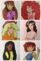 Size: 1200x1800 | Tagged: safe, artist:psponyartist, imported from derpibooru, applejack, fluttershy, pinkie pie, rainbow dash, rarity, twilight sparkle, human, dark skin, human coloration, humanized, mane six, natural hair color, peace sign, traditional art