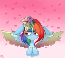 Size: 945x846 | Tagged: safe, artist:luzleimoon, imported from derpibooru, rainbow dash, pony, alternate hairstyle, bust, crying, female, floppy ears, flower, flower in hair, gradient background, heart eyes, looking away, mare, rainbow tear, solo, spread wings, wingding eyes