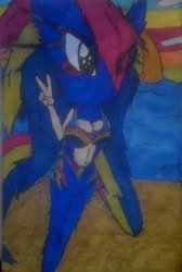 Size: 989x1469 | Tagged: safe, artist:dansonic15, imported from derpibooru, oc, oc only, oc:ring dash hedgehog, anthro, anthro oc, background pony strikes again, crossover, offspring, parent:rainbow dash, parent:sonic the hedgehog, parents:sonicdash, solo, sonic the hedgehog, sonic the hedgehog (series), traditional art