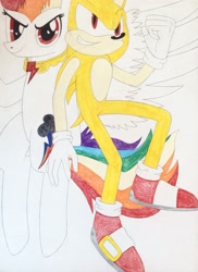 Size: 1739x2393 | Tagged: safe, artist:sonicfan1143, imported from derpibooru, rainbow dash, crossover, sonic the hedgehog, sonic the hedgehog (series), super rainbow dash, super sonic, traditional art