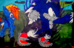 Size: 1194x773 | Tagged: safe, artist:dansonic15, imported from derpibooru, rainbow dash, crossover, midevil, sonic the hedgehog, sonic the hedgehog (series), sonic the werehog, sonic unleashed, traditional art