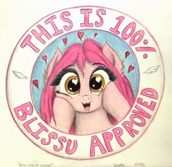 Size: 904x884 | Tagged: dead source, safe, artist:thefriendlyelephant, imported from derpibooru, oc, oc only, oc:angelic grace (a.k.a bliss), adorable face, birthday gift, cute, heart, heart eyes, seal of approval, thefriendlyelephant is trying to murder us, traditional art, wingding eyes