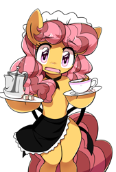 Size: 1280x1895 | Tagged: safe, artist:30clock, imported from derpibooru, sparkleworks, pony, apron, bipedal, clothes, female, g3, g3 to g4, g4, generation leap, maid, solo, sugarcube, tea set