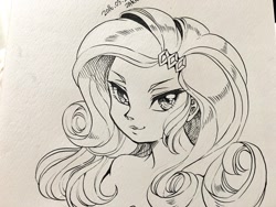 Size: 1280x960 | Tagged: safe, artist:zakro, imported from derpibooru, rarity, equestria girls, bust, female, looking at you, monochrome, portrait, solo, traditional art