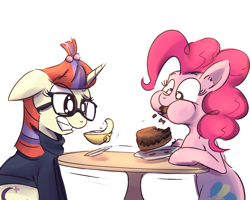 Size: 1000x800 | Tagged: safe, artist:cheshiresdesires, imported from derpibooru, moondancer, pinkie pie, cake, duo, duo female, eating, female, food, messy eating, pinkie being pinkie