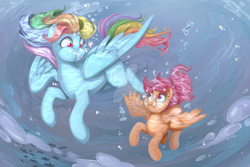 Size: 1600x1067 | Tagged: safe, artist:glacierclear, imported from derpibooru, rainbow dash, scootaloo, pegasus, pony, bubble, deviantart watermark, female, filly, mare, obtrusive watermark, underwater, water, watermark