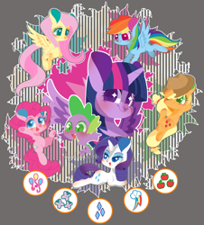 Size: 1600x1772 | Tagged: safe, artist:snow angel, imported from derpibooru, applejack, fluttershy, pinkie pie, rainbow dash, rarity, spike, twilight sparkle, alicorn, pony, chibi, cutie mark, mane seven, starry eyes, twilight sparkle (alicorn), wingding eyes