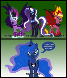 Size: 2000x2301 | Tagged: safe, artist:mlp-silver-quill, idw, imported from derpibooru, nightmare rarity, princess luna, sci-twi, sunset shimmer, twilight sparkle, pony, equestria girls, friendship games, before it was cool, comic, equestria girls ponified, hipster, midnight sparkle, ponified, sunset satan