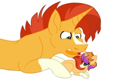 Size: 1024x713 | Tagged: safe, artist:colourstrike, imported from derpibooru, sunburst, oc, oc:dawn, pony, baby, baby pony, blaze (coat marking), coat markings, facial hair, facial markings, father and child, father and daughter, female, goatee, male, newborn, nom, offspring, papa sunburst, parent:starlight glimmer, parent:sunburst, parents:starburst, pulling, socks (coat markings)