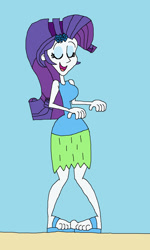 Size: 1109x1853 | Tagged: safe, artist:hunterxcolleen, imported from derpibooru, rarity, human, equestria girls, beach, clothes, eyes closed, feet, female, grass skirt, hula, hula dance, hularity, humanized, one-piece swimsuit, request, requested, requested art, sandals, simple background, solo, swimsuit
