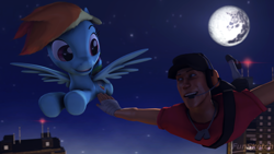 Size: 3840x2160 | Tagged: safe, artist:funsketch, imported from derpibooru, rainbow dash, 3d, building, city, crossover, flying, mare in the moon, moon, night, scout, source filmmaker, team fortress 2