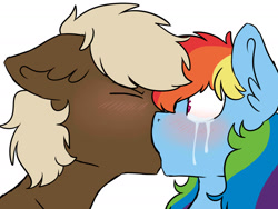 Size: 1525x1148 | Tagged: safe, artist:artistcoolpony, imported from derpibooru, dumbbell, rainbow dash, pony, crying, dumbdash, duo, female, kiss on the lips, kissing, male, shipping, simple background, straight, white background