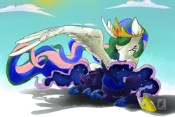 Size: 1600x1067 | Tagged: safe, artist:roark030, imported from derpibooru, princess celestia, princess luna, hug, prone, royal sisters, sleeping, wing umbrella, winghug