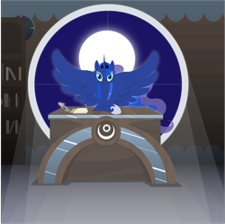 Size: 7822x7801 | Tagged: safe, artist:fancoral, imported from derpibooru, princess luna, absurd resolution, book, bookshelf, crepuscular rays, desk, female, looking at you, moon, solo, spread wings, window