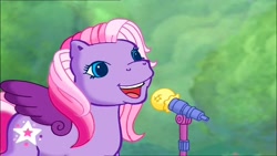 Size: 1280x720 | Tagged: safe, imported from derpibooru, screencap, starsong, pegasus, pony, meet the ponies, and a beautiful starsong melody, cute, feelin' good, female, g3, karaoke, mare, microphone, microphone stand, outdoors, purple wings, singing, solo, starsawwwng, starsong's dance & sing party, that pony sure does love to sing, wings