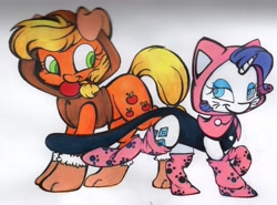 Size: 2346x1736 | Tagged: safe, artist:cutepencilcase, imported from derpibooru, applejack, rarity, cat, dog, animal costume, apple, appledog, clothes, costume, food, leotard, mouth hold, raricat, socks, traditional art