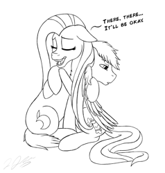 Size: 2088x2190 | Tagged: safe, artist:tsand106, imported from derpibooru, fluttershy, oc, comforting, hug, monochrome