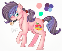 Size: 1280x1053 | Tagged: safe, artist:sweetheart-arts, imported from derpibooru, oc, oc only, oc:royal gala, pony, magical lesbian spawn, male, mouth hold, offspring, parent:applejack, parent:rarity, parents:rarijack, reference sheet, solo, stallion, unshorn fetlocks