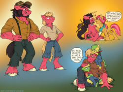 Size: 1500x1124 | Tagged: safe, artist:kaemantis, imported from derpibooru, big macintosh, oc, oc:felonwood, oc:lil' mark, oc:lil' mike, oc:ponderosa stomp, anthro, earth pony, pony, unguligrade anthro, adopted offspring, anthro with ponies, applejack's parents, hand on hip, ma apple, offspring, pa apple, parent:big macintosh, previous generation, simple background, unshorn fetlocks