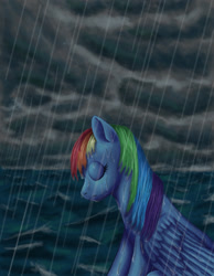 Size: 900x1158 | Tagged: safe, artist:zevironmoniroth, imported from derpibooru, rainbow dash, pegasus, pony, cloud, cloudy, eyes closed, female, rain, solo, storm, water, wet, wet mane