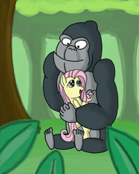 Size: 2400x3000 | Tagged: safe, artist:saburodaimando, imported from derpibooru, fluttershy, gorilla, forest, hug, tree