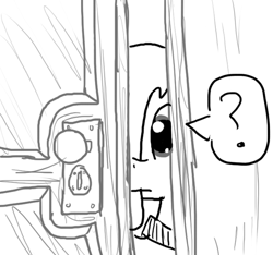 Size: 640x600 | Tagged: safe, artist:ficficponyfic, imported from derpibooru, oc, oc only, oc:emerald jewel, earth pony, pony, colt quest, child, colt, door, doorknob, foal, keyhole, male, monochrome, peeking, question mark, story included, wood