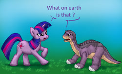 Size: 1099x666 | Tagged: safe, artist:furball891, imported from derpibooru, twilight sparkle, brachiosaurus, dinosaur, pony, unicorn, anachronism, apatosaurus, crossover, don bluth, duo, littlefoot, the land before time, unicorn twilight