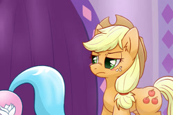 Size: 1800x1200 | Tagged: safe, artist:gamijack, imported from derpibooru, aloe, applejack, applejack's "day" off, blushing, nose wrinkle, scene interpretation