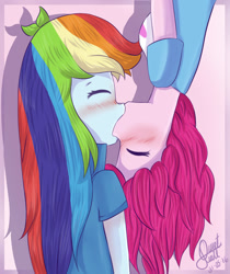 Size: 1000x1188 | Tagged: safe, artist:rmariansj, imported from derpibooru, pinkie pie, rainbow dash, human, equestria girls, blushing, clothes, eyes closed, female, kiss on the lips, kissing, lesbian, mare, pink background, pinkiedash, shipping, signature, simple background, upside down, upside down kiss