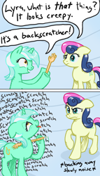 Size: 1000x1749 | Tagged: safe, artist:arrkhal, imported from derpibooru, bon bon, lyra heartstrings, sweetie drops, earth pony, pony, unicorn, back scratcher, comic, descriptive noise, dialogue, hand, meme