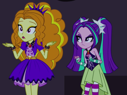 Size: 835x623 | Tagged: safe, edit, edited screencap, imported from derpibooru, screencap, adagio dazzle, aria blaze, equestria girls, rainbow rocks, cropped, inverted mouth, sleeveless